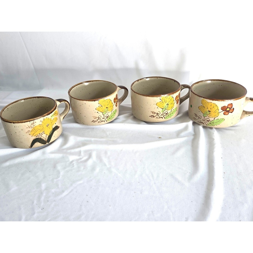 Vintage Speckled Stoneware Floral Soup Mugs Set of 4 Yellow Brown